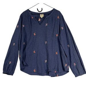St John's Bay Womens XL Blue Floral Embroidered Long Sleeve V Neck‎ Top